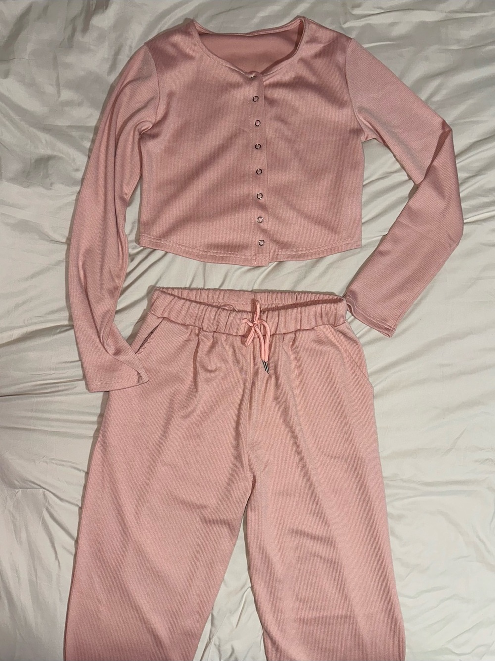 Women’s Pink Ribbed Button-Front Crop Cardigan & Drawstring Joggers Set